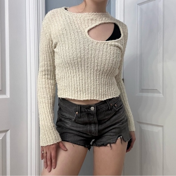 Zara Sweater Cropped Cream Cut Out Streetwear Indie Knit Ribbed Casual Medium - Picture 1 of 8